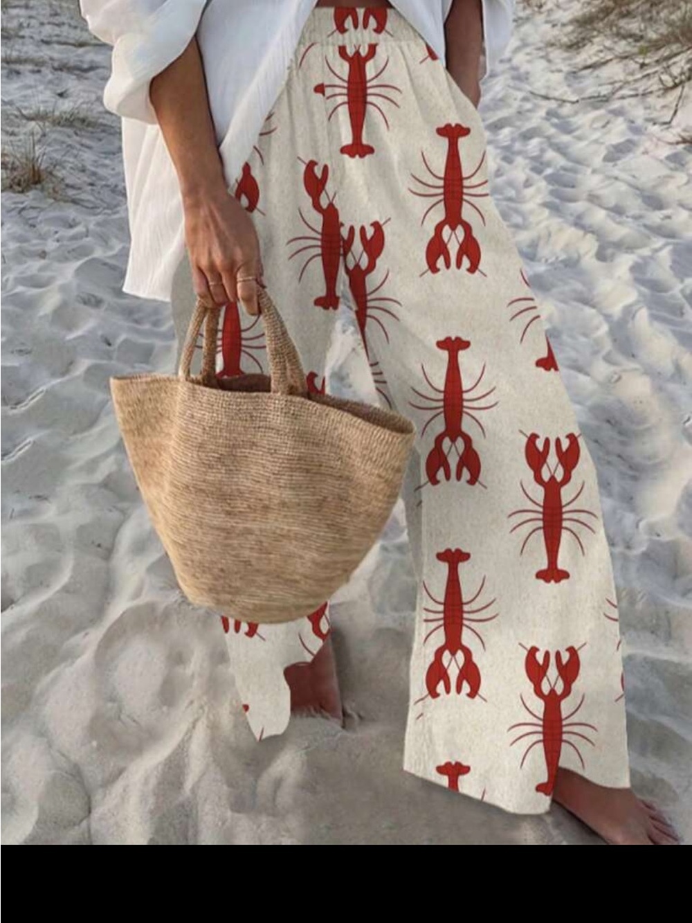 SHEIN Cream Wide Leg Pants with Red Lobster Print